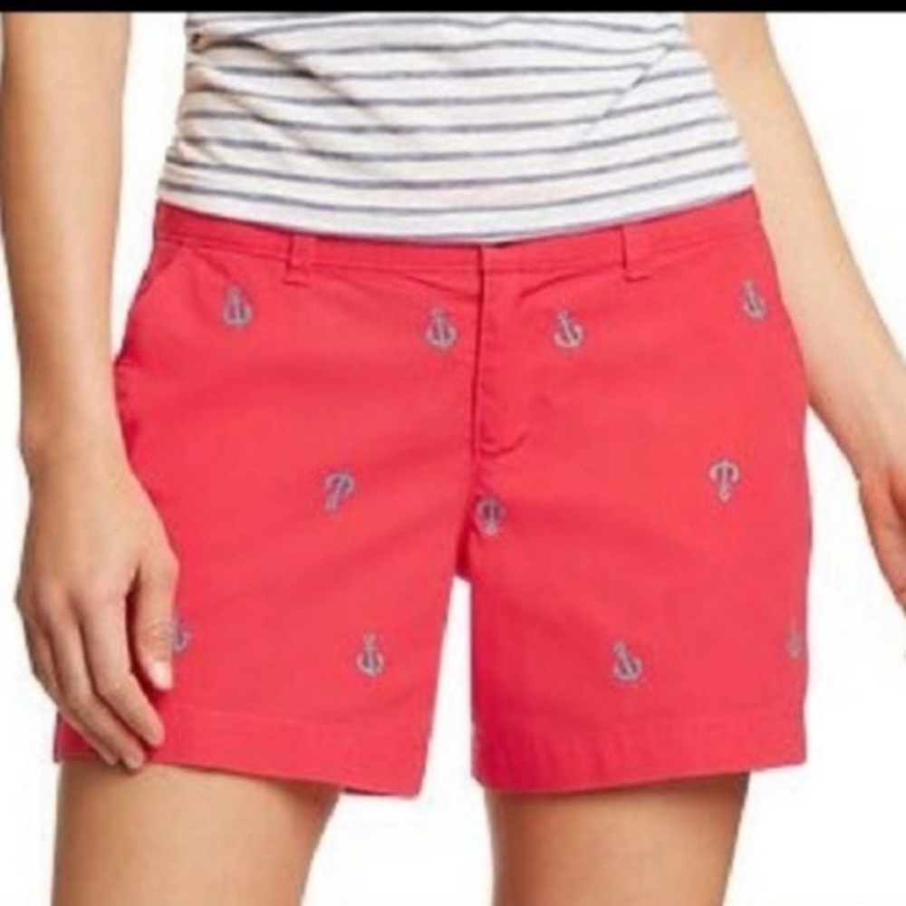 Old Navy vintage red shorts with teal anchors.